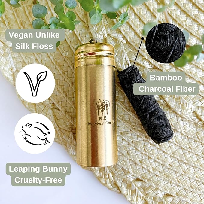 Me Mother Earth Vegan Bamboo Charcoal Dental Floss with Gold Stainless Steel Container, Made with Natural Candelilla Wax, with 30M x2 Floss Refill, Peppermint, Zero Waste Eco Friendly Products