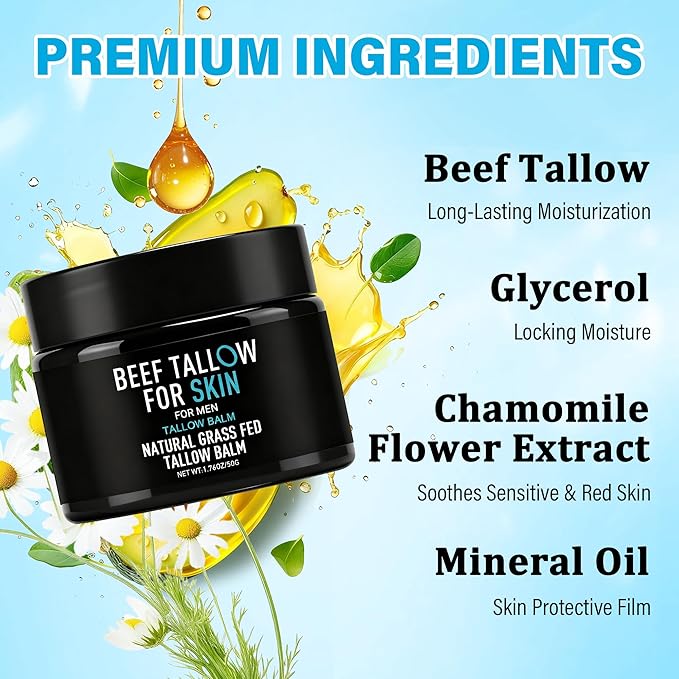 Beef Tallow Balm for Skin & Face, Men's Multi-Function Tallow Face Moisturizer, 100% Grass-Fed Beef Tallow, Ultra-Hydrating Body Cream for Dry/Sensitive Skin, 1.76 Oz