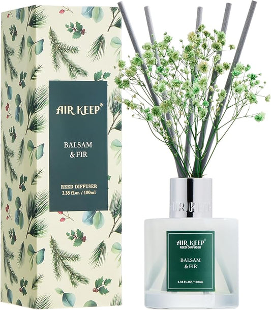 Airkeep Reed Diffuser Set,3.38 fl oz (100 ml) - Balsam & Fir Oil Diffusers with 8 Reed Sticks,Home Fragrance Reed Diffuser for Bathroom Shelf Decor Winter Fragrance