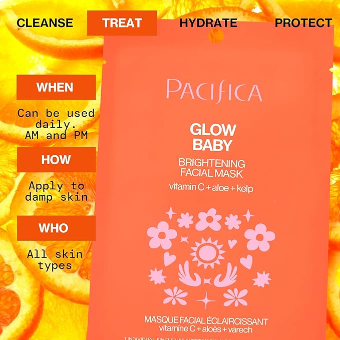Pacifica Sheet Face Mask - 12 Pack - Glow Baby Brightening Facial Mask w/Vitamin C, Aloe & Kelp – Cooling Mask for Dark Spots & Fine Lines - Clean Beauty Vegan & Cruelty-Free Dermatologist Tested