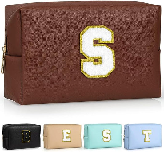 TOPEAST Initial Cosmetic Bag for Women, Preppy Small Makeup Bag, PU Leather Waterproof Toiletry Bag, Monogrammed Birthday Gifts for Women, Stuff for girls (Brown S)