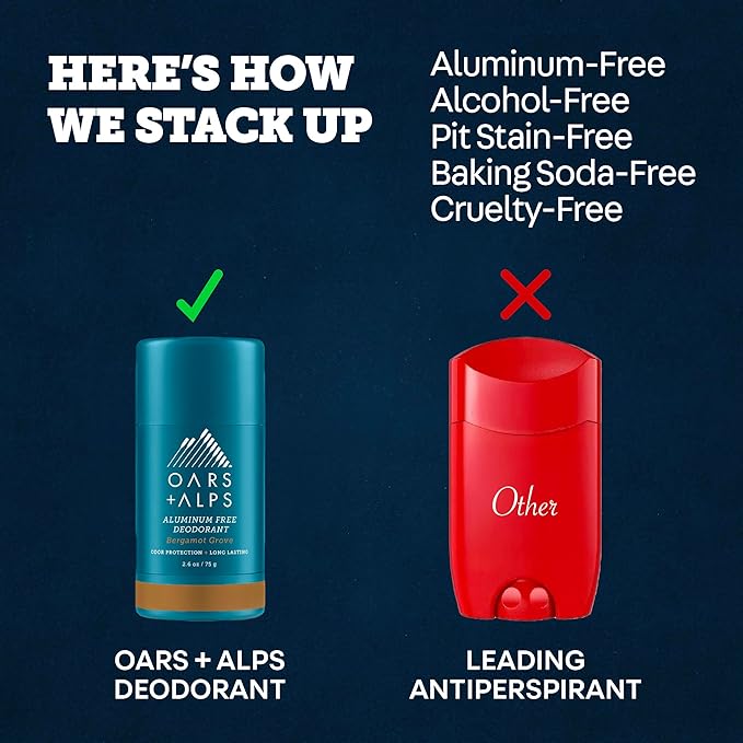 Oars + Alps Deodorant for Men & Women, Aluminum Free Deodorant for Men, Dermatologist Tested, Clean Ingredients, Non Toxic, Vegan, Long Lasting, Odor Protection, Bergamot Grove, 1pk, 2.6oz