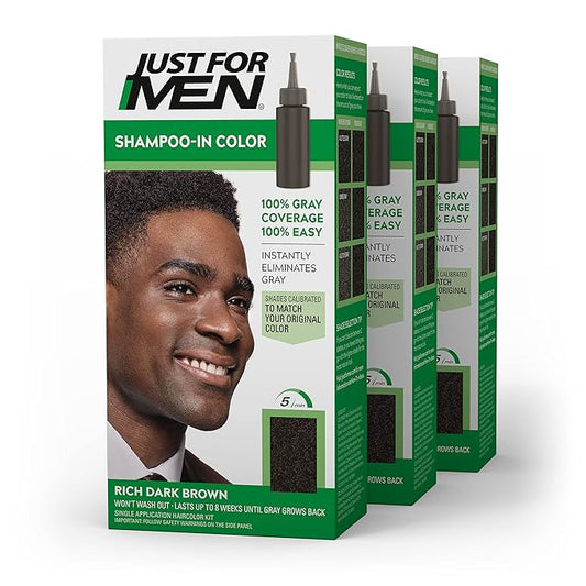 Just For Men Shampoo-In Color (Formerly Original Formula), Mens Hair Color with Keratin and Vitamin E for Stronger Hair - Rich Dark Brown, H-47, Pack of 3