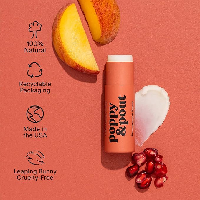 Poppy & Pout Lip Care Set | Lip Balm & Scrub | Sustainable Cardboard Tubes & Glass Jars, All Natural, Beeswax, Coconut Oil, Cruelty Free, Exfoliating & Moisturizing Lip Treatment (Pomegranate Peach)