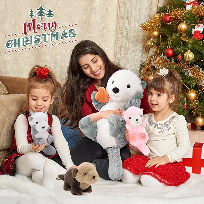 MorisMos 5Pcs Sea Otter Stuffed Animal with Babies,23.6'' Giant Mommy Stuffed Otter Toy with 3 Babies & Plush Seashell, Boy Girl Sea Animal Toys for Kids 3-5 Birthday Christmas Decor