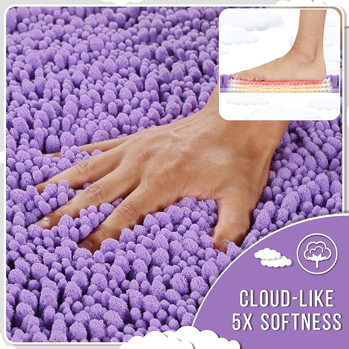 Yimobra Bathroom Rugs Non Slip Washable - Ultra Soft Absorbent Chenille Bath Mat, Quick Dry Shaggy Floor Carpet for Tub Shower, Lavender Home Decor Accessories, 24x17 Inch
