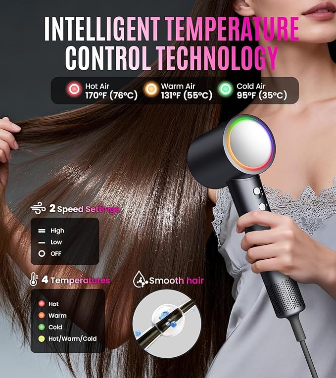 16W RPM High-Speed Hair Dryer for Fast Drying, Quiet lonic Blow Dryer with Frizz Control & No Heat Damage, Lightweight Travel Hair Dryer with Magnetic Nozzles for Curly & Straight Hair (Gray)
