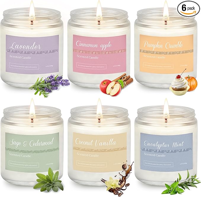 Christmas Candle Gift Set, 6 Natural Soy Wax Candles for Home, Long Burning Holiday Aromatherapy Set with Cinnamon Apple & Vanilla, Perfect Christmas Gifts for Women, Men, Friends & Family
