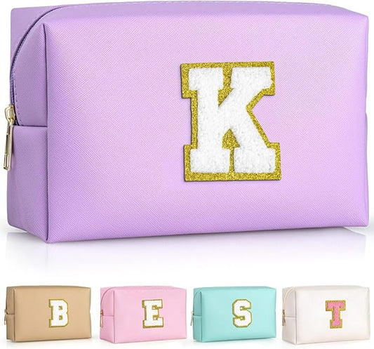 TOPEAST Initial Cosmetic Bag, PU Leather Waterproof Travel Toiletry Bag, Monogrammed Gifts for Women, Personalized Birthday Gift for Sister Friends, Cute Stuff for Girls (Purple K)