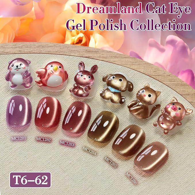 Double Rhythm Cat Eye Gel Nail Polish Set of 6 Same Color Same Bottle 0.5 Oz Shimmer Glitter with Magnet Holographic Reflective Magnetic UV Nail Polish Kit at Home (Rose Coffee Brown Red-T6-62)