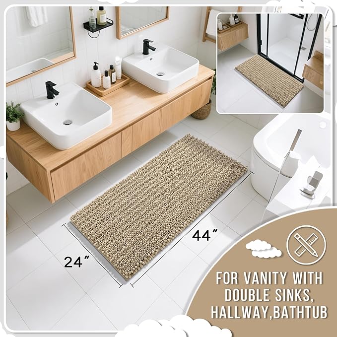 Yimobra Long Bathroom Rugs Non Slip Washable 44x24 Inch - Ultra Soft Absorbent Chenille Bath Mat, Quick Dry Shaggy Floor Carpet for Tub Shower, Camel Home Decor Accessories