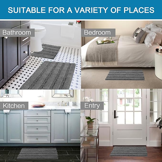 H.VERSAILTEX Bathroom Rugs Bath Rug Set 2 Piece Bathroom Contour Rug Toilet Mat Sets Non Slip Contour Bath Rug Ultra Thick Water Absorbent Striped Bath Mats Washable(20" x 32" Plus 20" x 20" U, Grey)