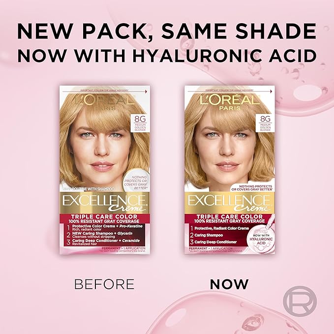 L'Oreal Paris Excellence Crème Permanent Hair Dye, Triple Care Hair Color with Pro-Keratine Complex for 100% Gray Hair Coverage, 8G Medium Golden Blonde, 1 Kit