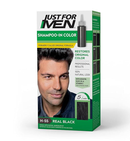 Just For Men Shampoo-In Color (Formerly Original Formula), Mens Hair Color with Keratin and Vitamin E for Stronger Hair - Real Black, H-55, Pack of 1
