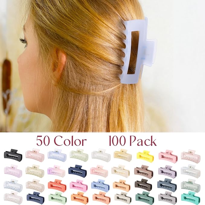 XunYee 100 Pcs Hair Claw Clips Bulk Large Square Jaw Headwear Clips Set for Women Nonslip Rectangle Hair Accessories Clip for Girl Women Gifts Beauty(4.1'',Mixing Colors)
