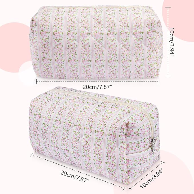 Floral Makeup Bag, Cute Cosmetic Bag for Women Girls, Quilted Cotton Make up Pouch, Travel Makeup Bags, Portable Storage Toiletry Organizer Bag(Pink Floral)