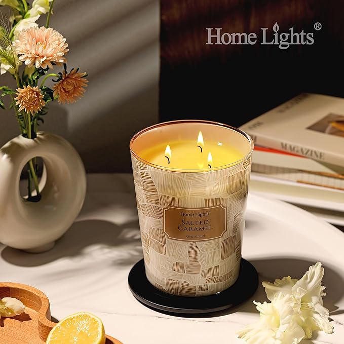 HomeLights Large jar Candle | 3-Wick Long-Lasting Scented Candles, 34oz Natural Soy Wax Candle for Home Scented, Rustic Modern Gifts for Women & Men, Salted Caramel