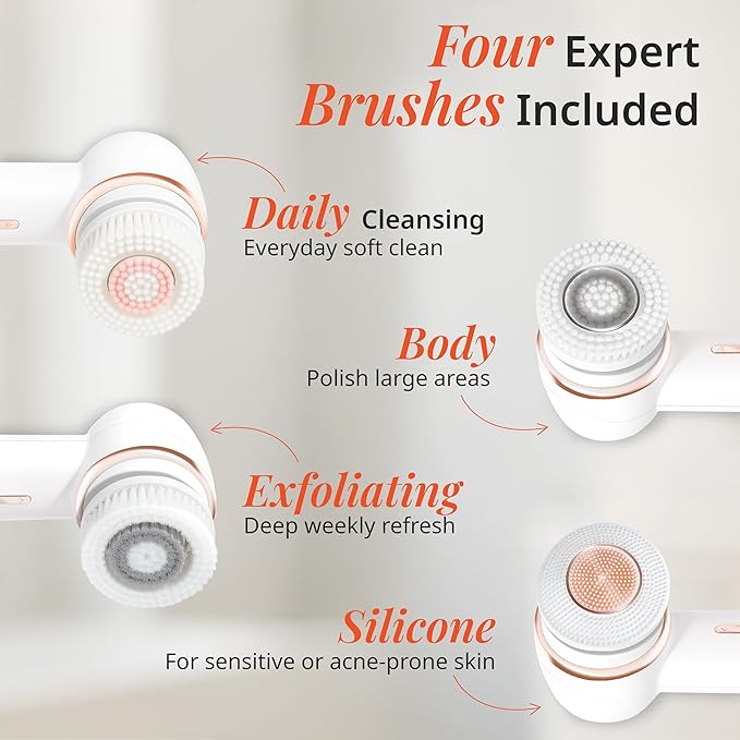 Vanity Planet Raedia 2.0 Facial Cleansing Brush, 4 Interchangeable Brush Heads, White - Daily Cleansing Face Exfoliator for Glowing & Acne Prone Skin - Lightweight Silicone Water-Resistant Body Brush