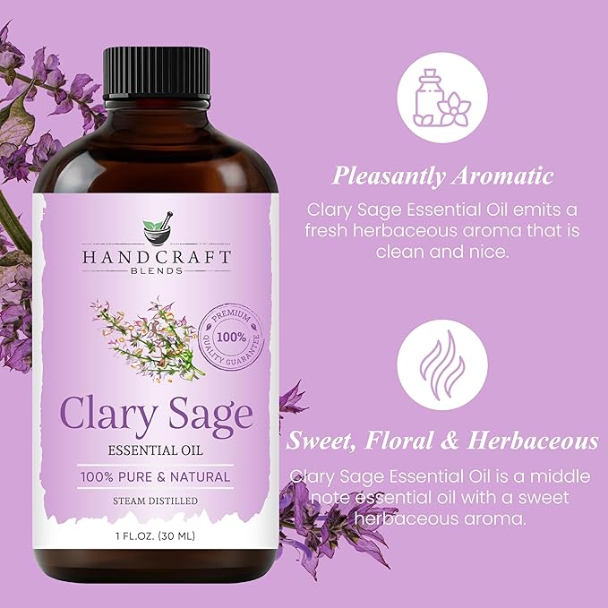 Handcraft Blends Clary Sage Essential Oil – 1 Fl Oz – 100% Pure and Natural – Premium Grade Essential Oil for Diffuser and Aromatherapy, Skin, Massage, Candle and Soap Making Fragrance