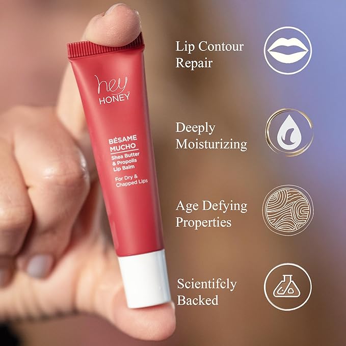 Hey Honey Skincare Bésame Mucho Shea Butter & Propolis Lip Balm | Intensive Hydration for Dry, Chapped Lips, Natural Moisturizing Lip Repair Treatment | 0.5 oz