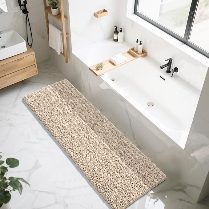 Yimobra Bathroom Runner Rug 70x24 Inch - Extra Long Non Slip Chenille Bath Mat, Soft & Absorbent, Machine Washable Shaggy Hallway Carpet for Vanity Tub Shower, Light Brown Home Decor Accessories