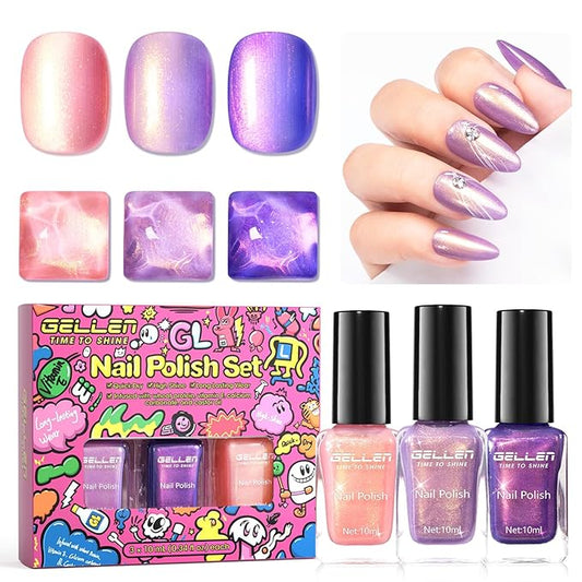 GELLEN Chameleon Nail Polish, 3 Colors Glitter Quick Dry Nail Polish, Holographic Dark/Light Purple Orange Nail Lacquer Mini Set for Finger Toe, Nail Art DIY Manicure Gift, Non Gel
