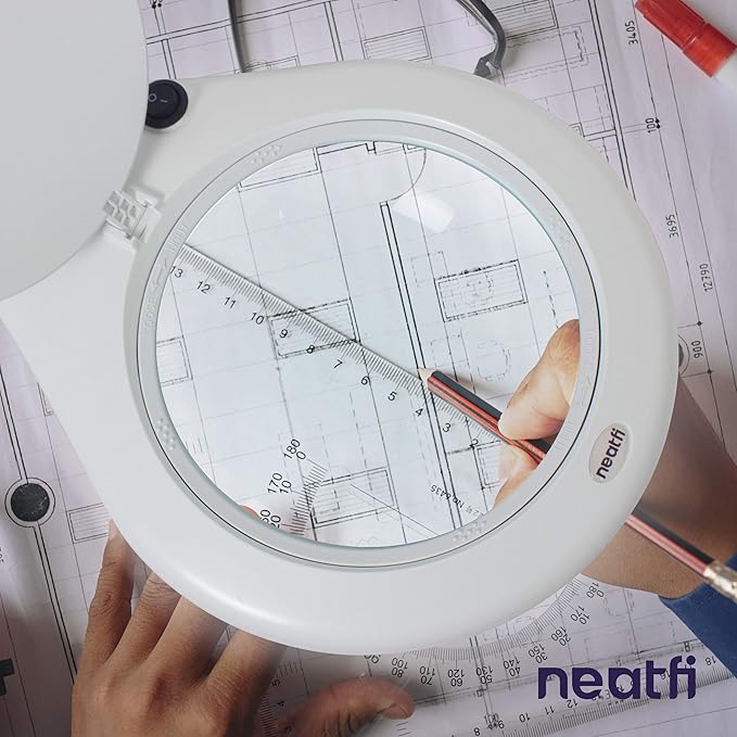 Neatfi LED Magnifying Lamp, 5 Diopter Glass Lens, 6500K Daylight Bright Light, Adjustable Arm, Eye-Friendly Lamp for Crafts, Sewing, Painting, Jewelry Making & Reading (White, 7-Inch Lens with Clamp)