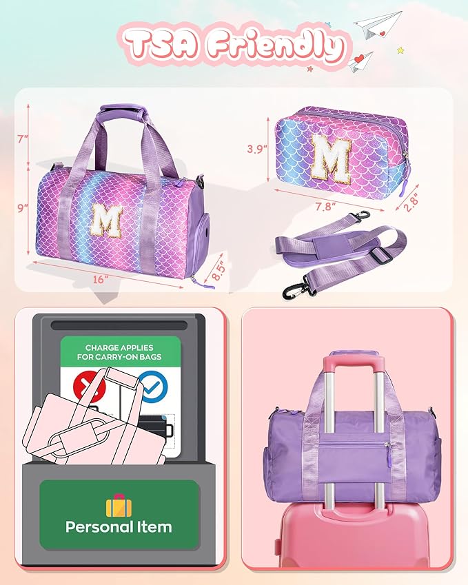 Trendy Gifts Granddaughter-Girl Gym Bag with Shoe Compartment, Kid Personalized Weekender Dance Bags, Initial Travel Tote with Makeup Pouch, Niece Girls Birthday Gift (Letter L)