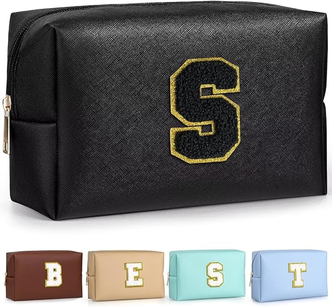 TOPEAST Initial Cosmetic Bag for Women, Preppy Small Makeup Bag, PU Leather Waterproof Toiletry Bag, Monogrammed Birthday Gifts for Women, Stuff for Girls (Black S)