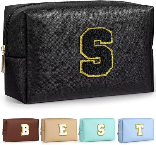 TOPEAST Initial Cosmetic Bag for Women, Preppy Small Makeup Bag, PU Leather Waterproof Toiletry Bag, Monogrammed Birthday Gifts for Women, Stuff for Girls (Black S)