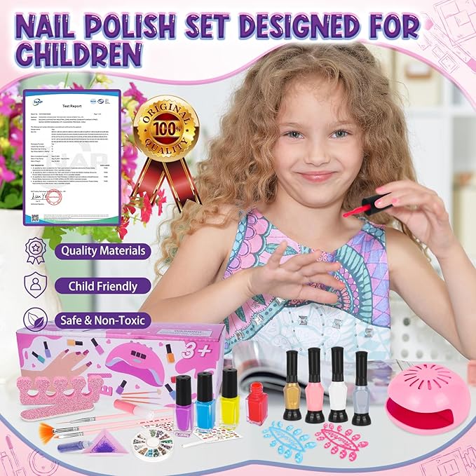 Kids Nail Polish Set for Girls, 27PCS Nail Art Kit with Nail Dryer, Non Toxic Nail Polish kit and Fake Nails for Kids, Halloween Christmas Birthday Gifts for Girls 8-12