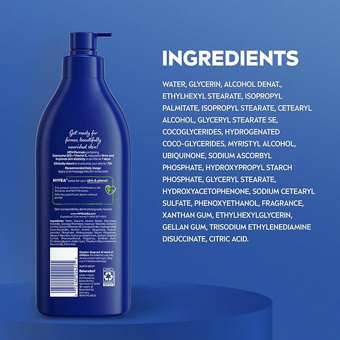 NIVEA Nourishing Hydration Skin Firming Body Lotion with Q10 and Vitamin C, 72-Hour Body Moisturizer for Dry to Very Dry Skin, 16.9 Fl Oz Pump Bottle