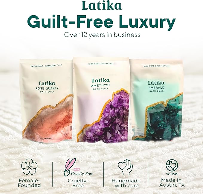 Latika Geode-Inspired Bath Soak Set of 3 - Amethyst, Rose Quartz & Emerald with Essential Oils & Epsom Salt - Sandalwood, Lavender, Sage & Eucalyptus for Stress Relief, Muscle Recovery & Skin Care