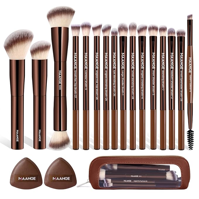 MAANGE Makeup Brush Set 19 PCS Travel Makeup Brushes Eyeshaowder Powder Concealers Foundation Professional Make Up Brush Set with Case (Coffee)