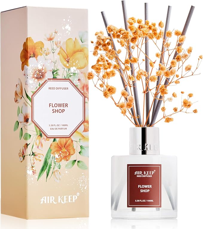 Airkeep Reed Diffuser Set,3.38 fl oz (100 ml) - Flower Shop Oil Diffusers with 8 Reed Sticks, Home Fragrance Reed Diffuser for Bathroom Shelf Decor