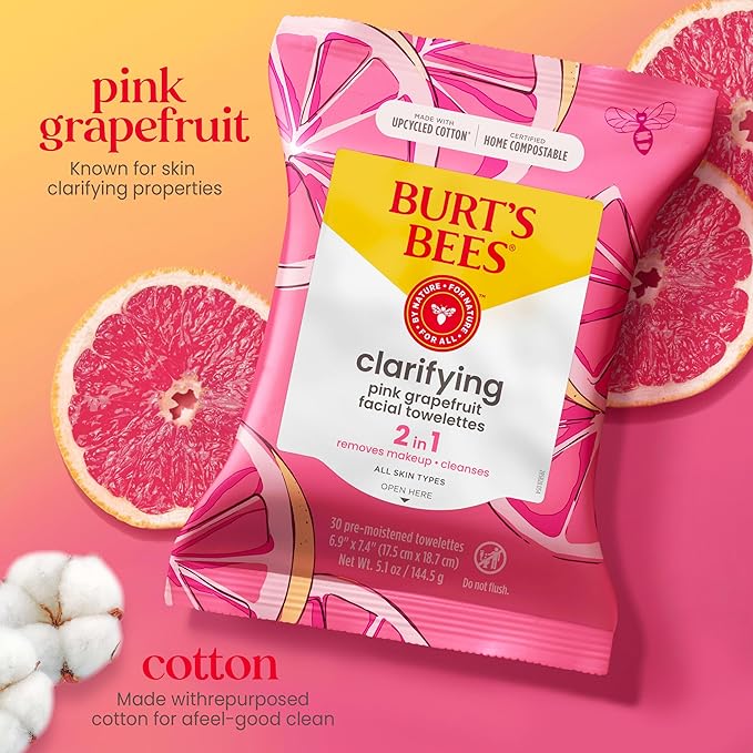 Burt's Bees Stocking Stuffers, Pink Grapefruit Face Wipes, for All Skin Types, Hydrating Makeup Remover & Facial Cleansing Towelettes, Skin Care Christmas Gifts, 30 Ct. (3-Pack)
