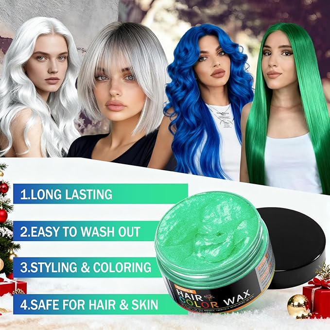 4 Colors Temporary Hair Color Wax for Christmas Party, Stocking Stuffers - DIY Washable Natural Instant Hair Color for Women Temporary Hair Dye for Kids Teens Women Men(White&Gray&Green&Blue 5 pcs)