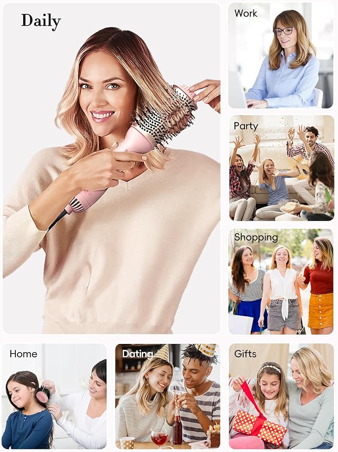 LANDOT Hair Blow Dryer Brush: One-Step Hot Air Brush with 60mm Oval Barrel - 4 in 1 HairDryer Styler and Volumizer for Drying Straightening Curling Volumizing Hair Fight Frizz and Add Volume