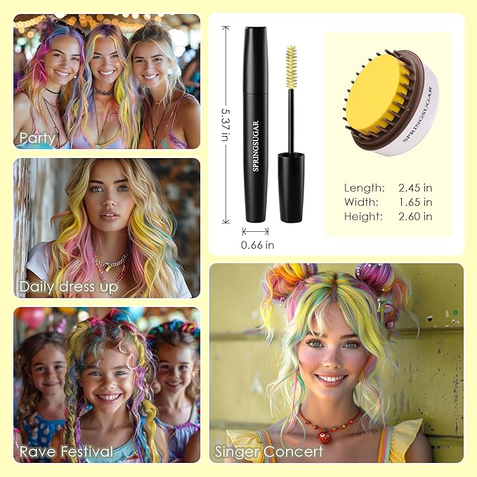Yellow Temporary Hair Chalk Color Comb + Washable Hair Mascara Dye for Girls Kids, Makeup Vibrant Dye Hair Colors for Halloween, Cosplay, Sporting Events, DIY Hair Parties Christmas