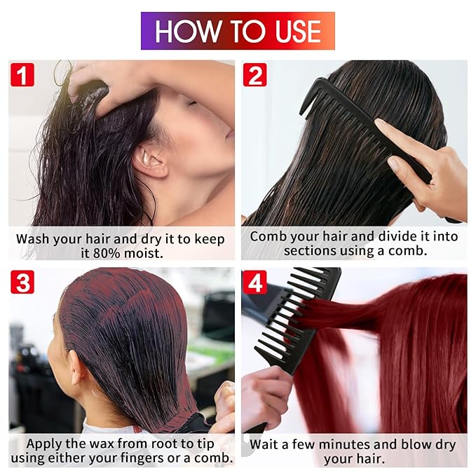 4 Colors Temporary Hair Color Wax for Christmas Party, Stocking Stuffers-DIY Washable Natural Instant Hair Color for Women Temporary Hair Dye for Kids Teens Women Men (Red&Orange&Claret&Purple 5 pcs)