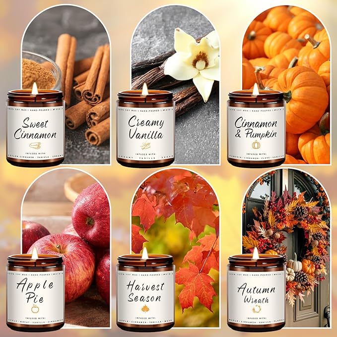 Auelife Fall Candles, 6 Pack Scented Candle Set, 42 oz Autumn Soy Candles for Home Scented, Fall Candle Gifts Set for Men and Women, Autumn Home Decor of Wreath/Apple/Latte/Harvest/Vanilla/Cinnamon