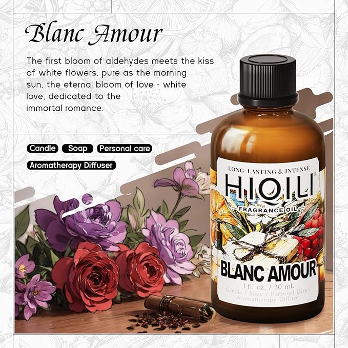 HIQILI Blanc Amour Fragrance Oil - for Candle, Soap & Perfume Making, Inspired by Byrdo Bl.nche, Floral Scent, Add to Body Oil, for Essential Oil Diffuser - 1 Fl Oz