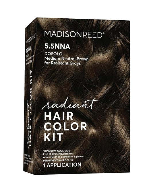 Madison Reed Radiant Hair Color Kit | 5.5NNA Dark Neutral Brown (Dosolo) 100% Maximum Gray Hair Coverage | Salon-Quality Permanent Hair Dye for Resistant Grays | PPD-Free & Ammonia-Free |1 Pack
