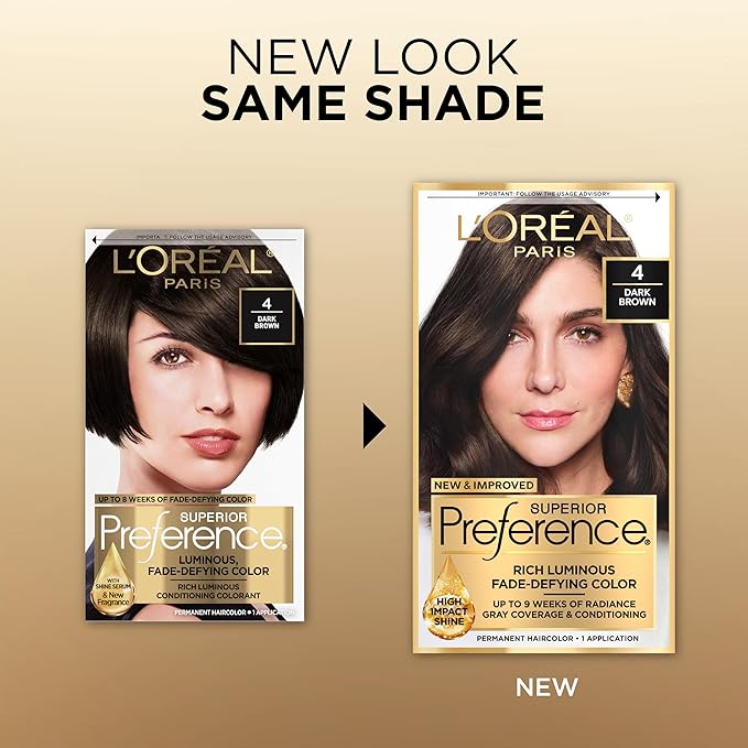 L'Oreal Paris Superior Preference Luminous Fade-Defying Permanent Hair Color, Hair Dye For Up to 9 Weeks of Radiance, Dark Brown 4, 1 Hair Dye Kit
