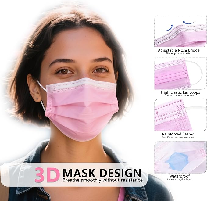 akgk 100PCS Pink Disposable Face Masks, 3-Ply Breathable Pink Face Mask For Adults