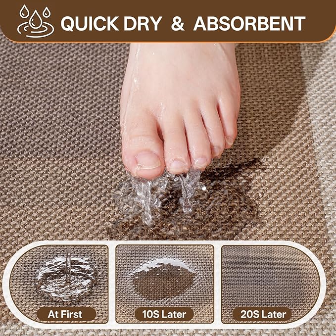 Non Slip Bath Mat Bathroom Rugs, Quick Dry Super Absorbent Washable Bath Shower Mats, Rubber Backing Ultra Thin Bathroom Rug Fit Under Door, Brown 16x24