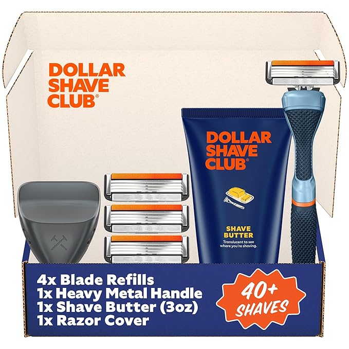 Dollar Shave Club | The Member Exclusive Shave Set | 4 Swift Rinse Refill Cartridges, 1 Handle (Blue), 1 Shave Butter 3 ounce, 1 Razor Cover, Razors for Men