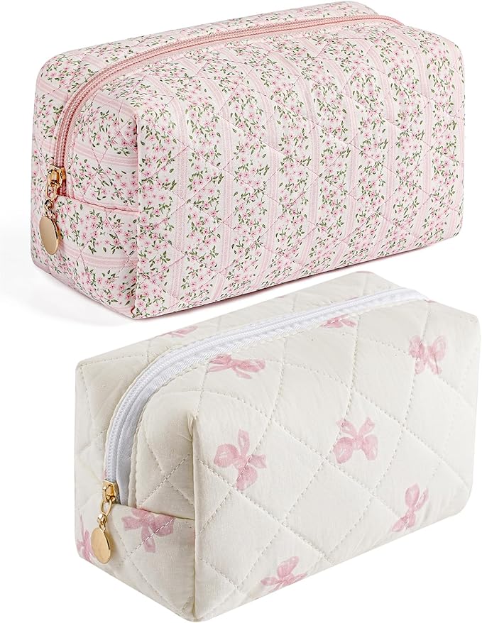 Makeup Bag Travel Cosmetic Bag for Women Girls, Zipper Make Up Pouch, Floral Flowers Toiletry Organizer Makeup, Portable Storage Cosmetic Travel Cloth Bag (Pink+Pink Bow Tie)