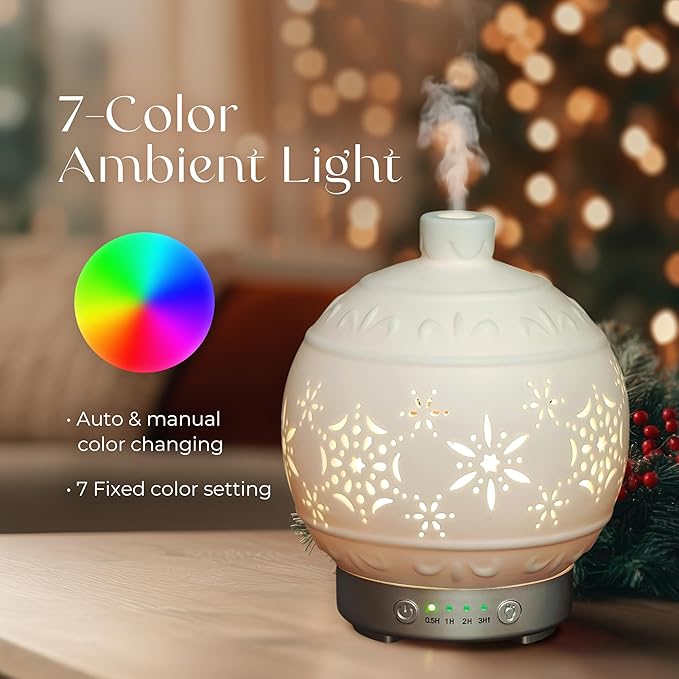 Earnest Living Christmas Ball Essential Oil Diffuser White Ceramic 100 ml Diffuser Home Décor, 7 Color Lights, Timers, Auto Off Cool Mist Humidifier Aromatherapy Diffuser