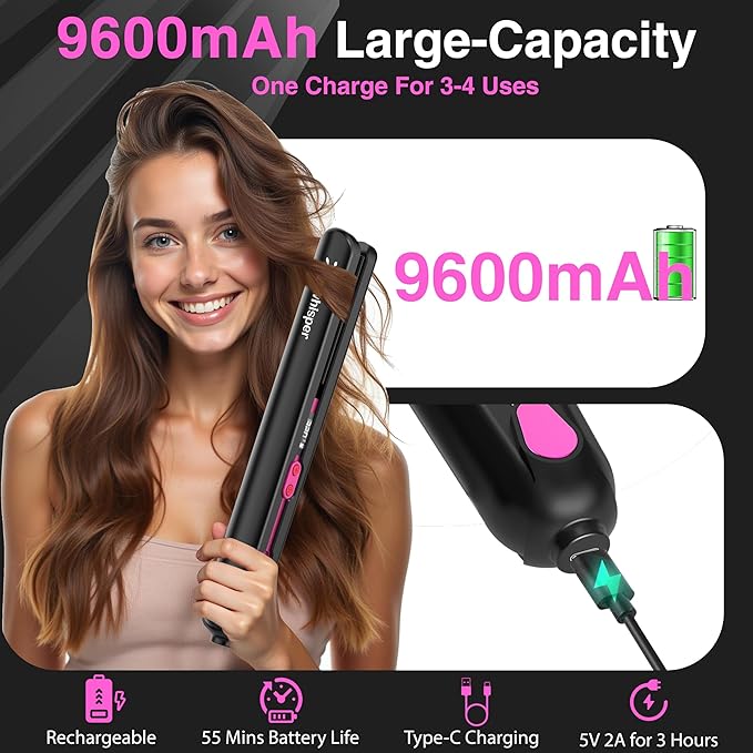 9600mAh Cordless Hair Straightener, Rechargeable Cordless Flat Iron Straightener for Women, 10 Min Style, 20M Negative Ions, 30s Heat-Up, Safety Lock, 6-Temp Control for Home